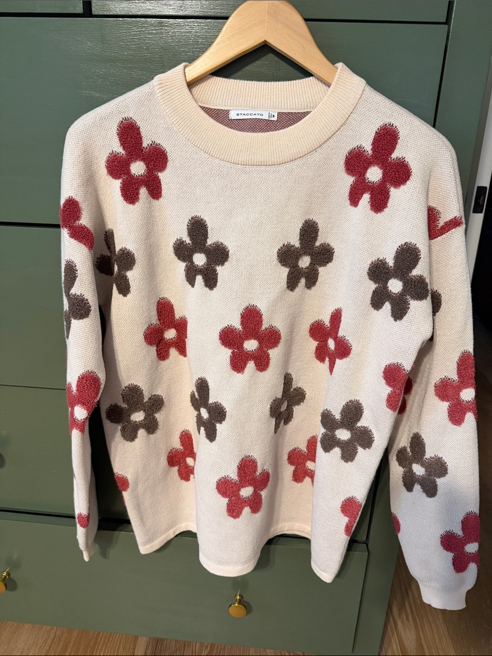 Staccato Cream Crewneck Sweater with Red and Brown Floral Motif